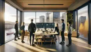 Norwegian ai startup team collaborating in a modern oslo office with data dashboards