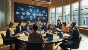Norwegian civil servants discuss ethical ai framework in a bright oslo government office