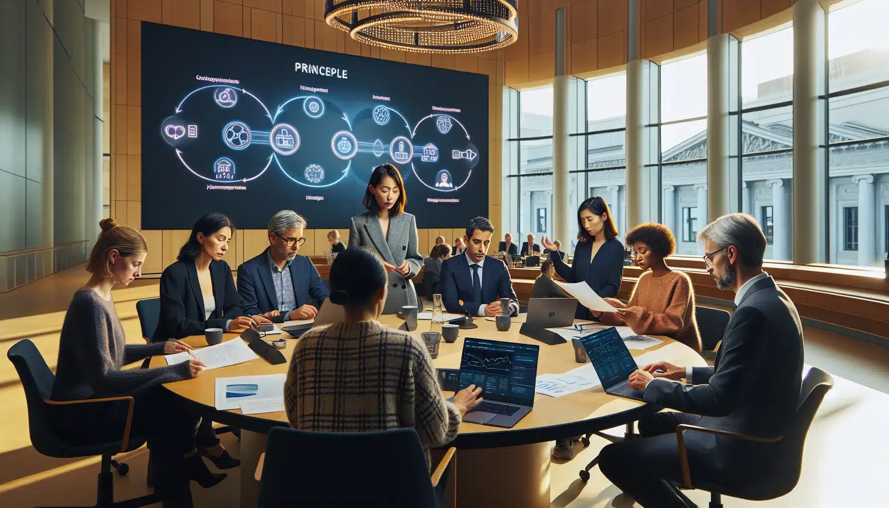 Norwegian civil servants discuss ethical ai framework in a bright oslo government office