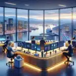 De viktigste ai-trendene innen automatisering i 2026 6 Norwegian office team overseeing ai driven hyperautomation dashboards with factory and robot in view