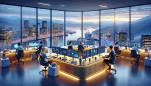 Norwegian office team overseeing ai driven hyperautomation dashboards with factory and robot in view