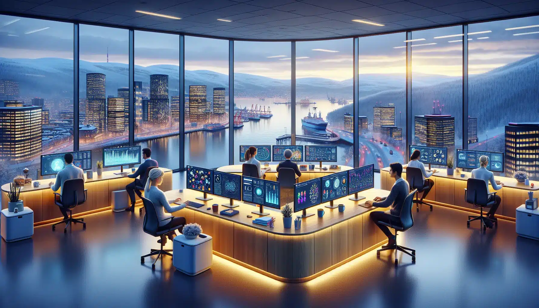 De viktigste ai-trendene innen automatisering i 2026 1 Norwegian office team overseeing ai driven hyperautomation dashboards with factory and robot in view