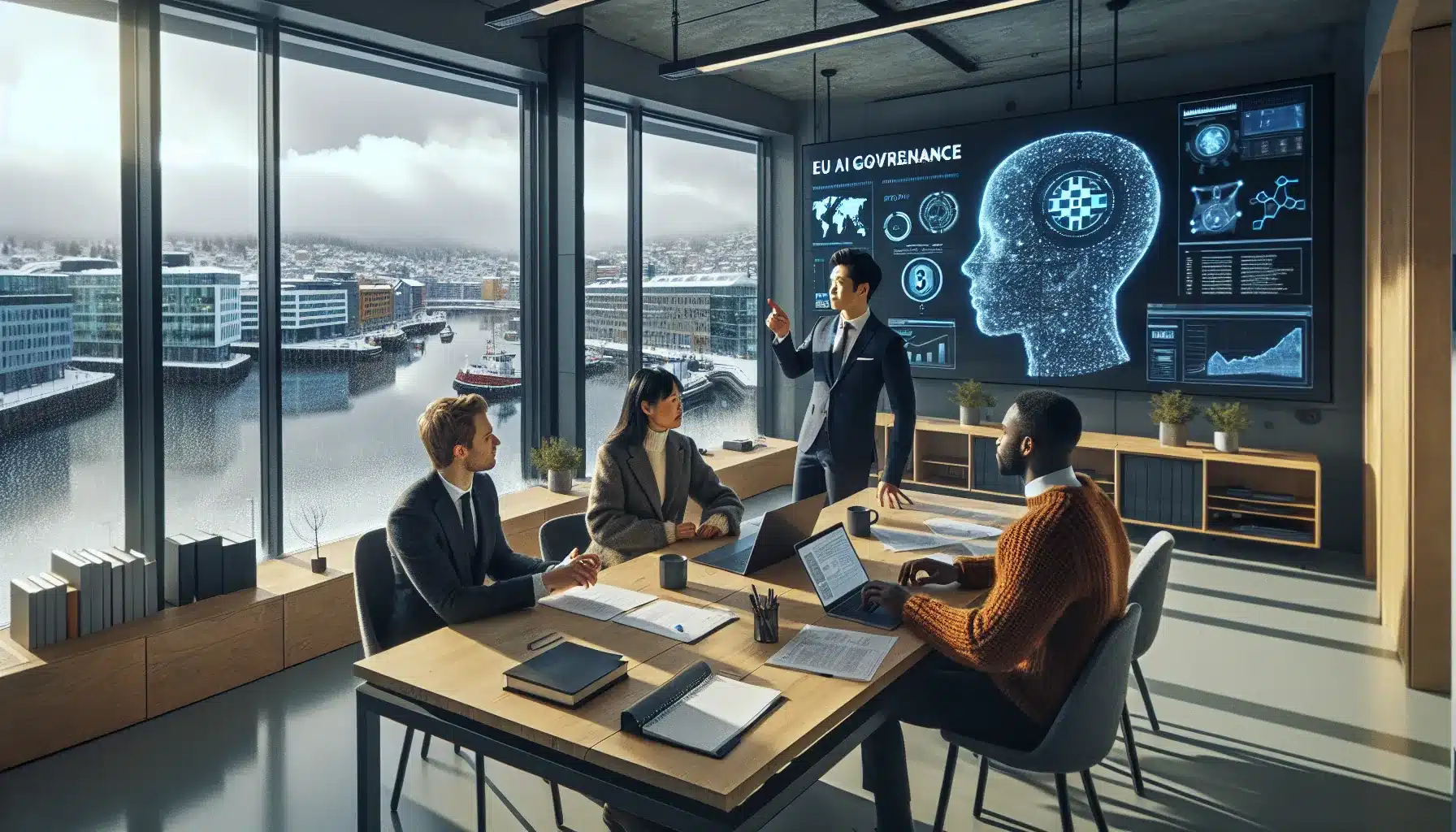 Hvordan eu ai act påvirker norske bedrifter 1 Norwegian office team reviewing eu ai act compliance for business ai systems