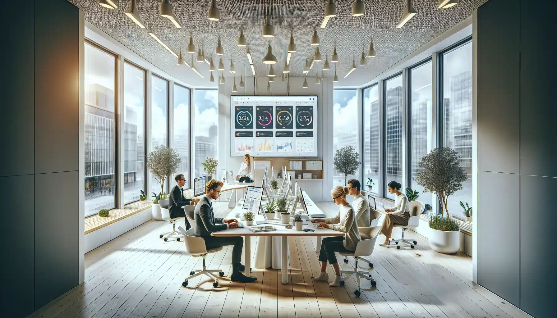 Norwegian office workers collaborating with ai tools in a modern oslo workplace