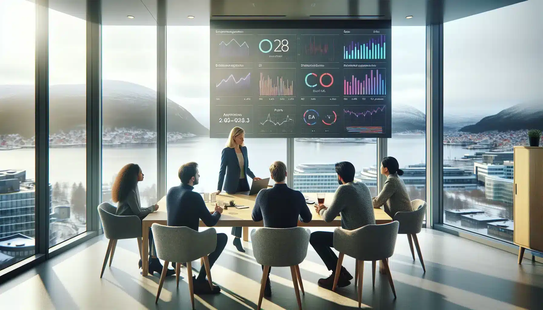 Norwegian team reviewing ai fairness metrics on a screen to avoid algorithmic bias