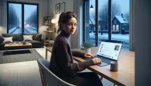 Norwegian woman using an ai chatbot on her laptop for fast customer support