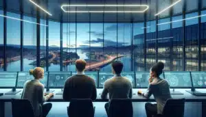 Team in norwegian control room monitoring ai driven big data automation dashboards