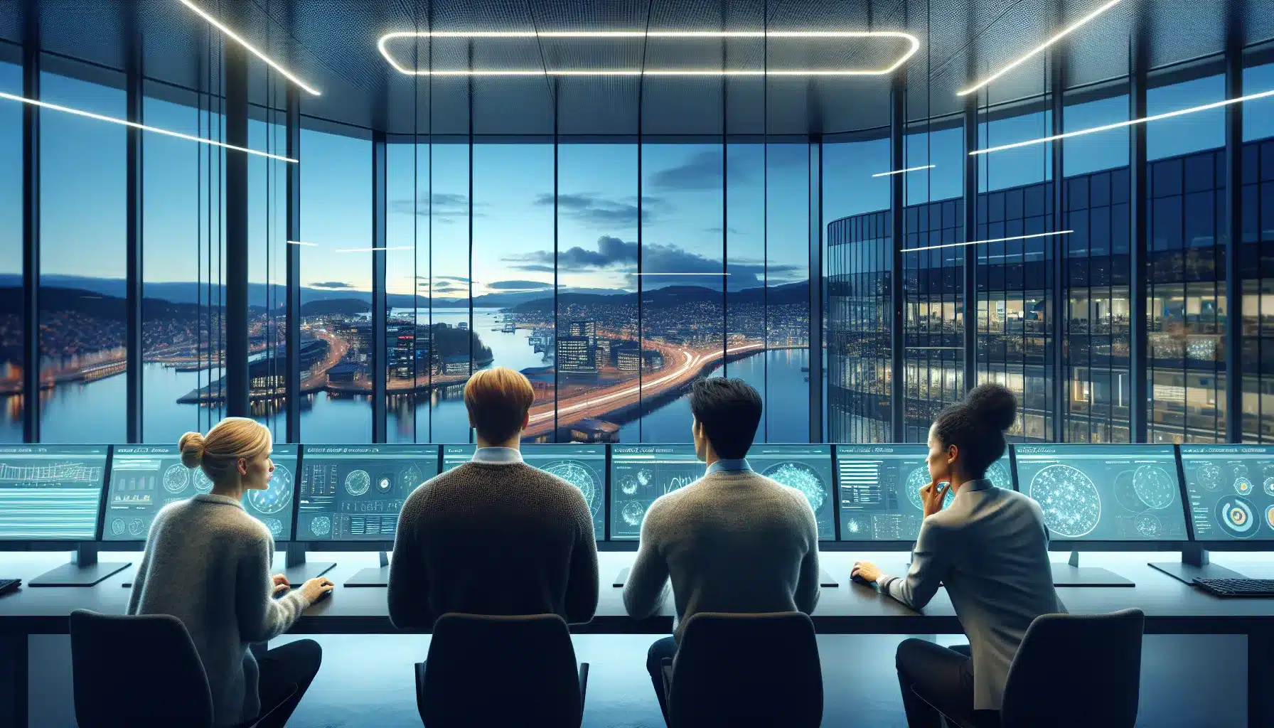 Team in norwegian control room monitoring ai driven big data automation dashboards